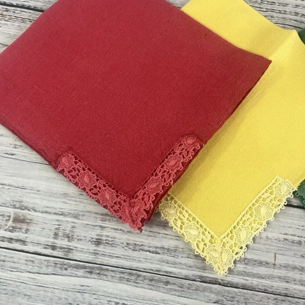Vintage 4pc Linen Square Napkins Handkerchief Set Red Green Yellow Lace 14.5